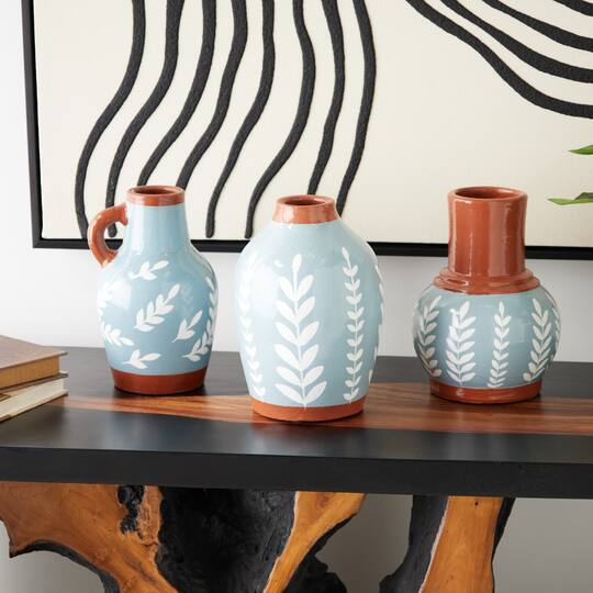 9" Blue Ceramic Floral Vase with Terracotta & White Detailing Set